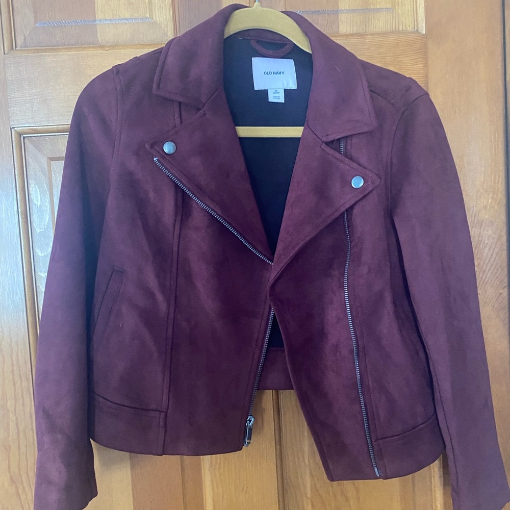 Maroon cropped suede moto jacket